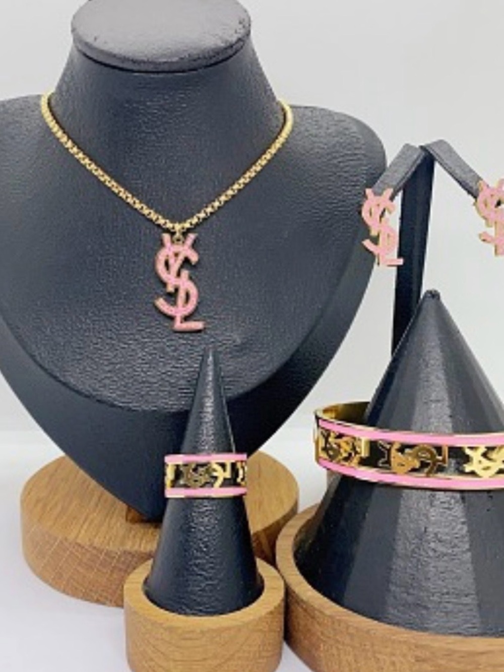Gold-Tone Necklace & Pink Enamel Jewelry Set